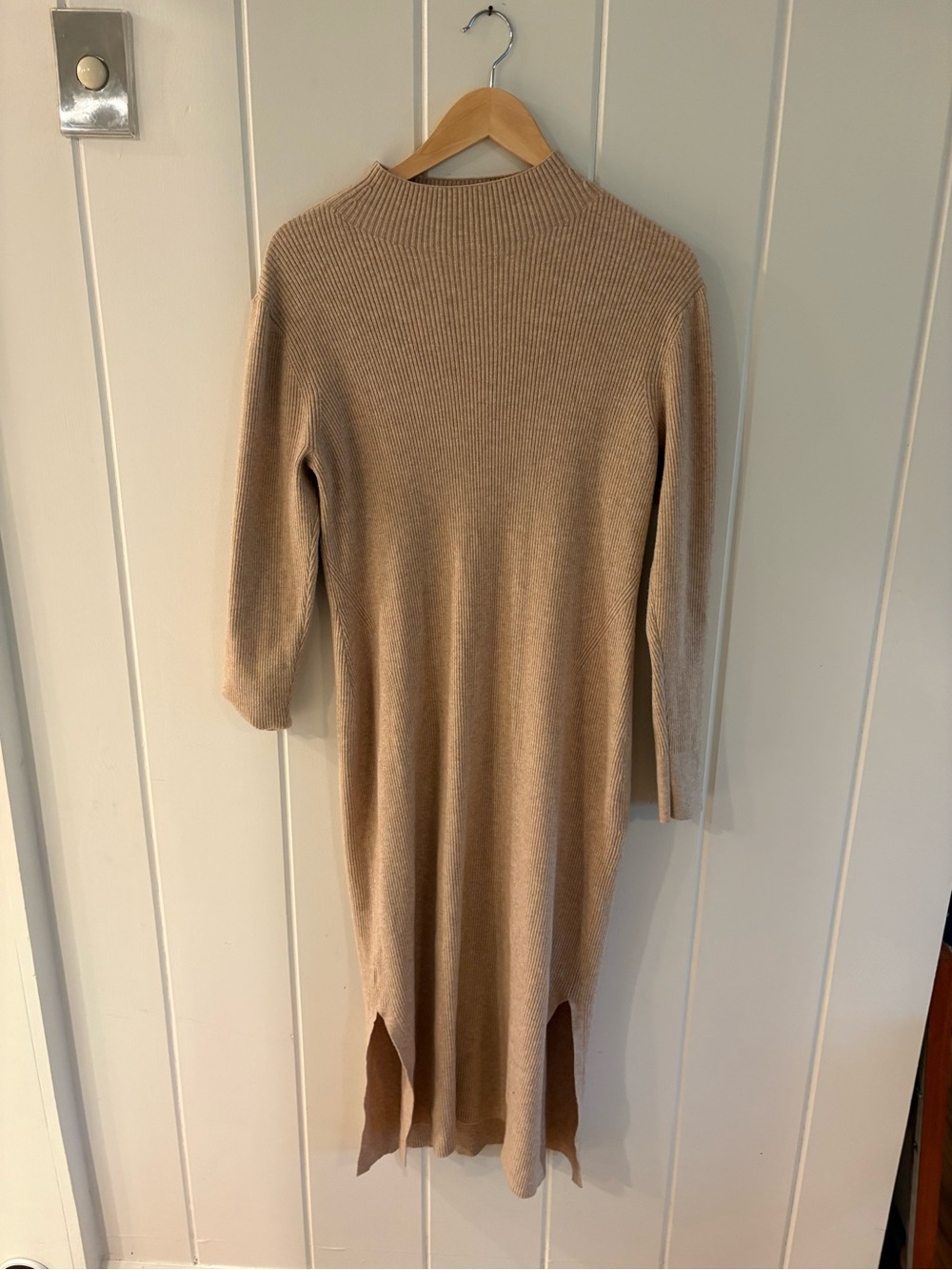 LOFT Beige Ribbed Long-Sleeve Midi Dress